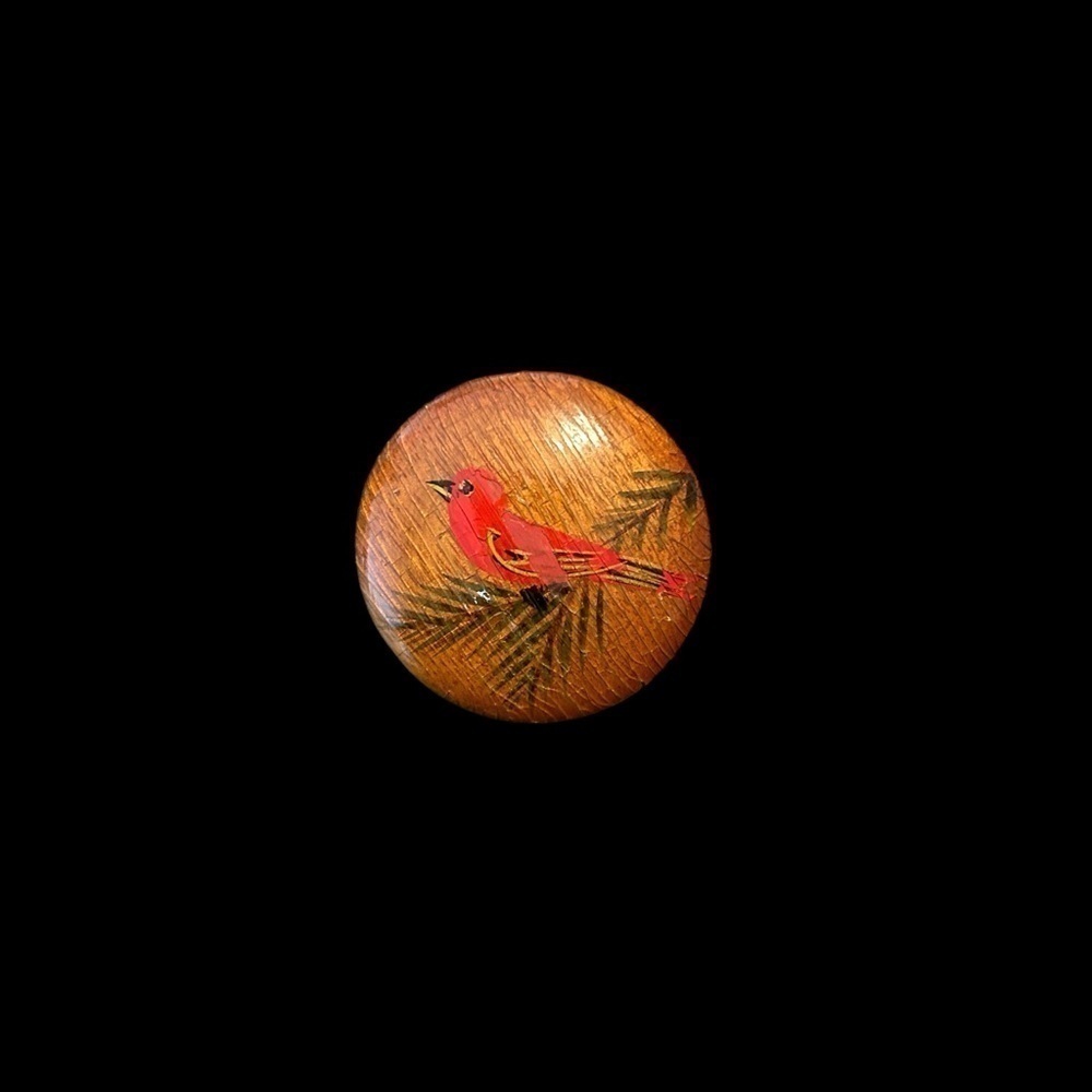 Vintage Hand Painted Myrtlewood Cardnial Brooch Pin